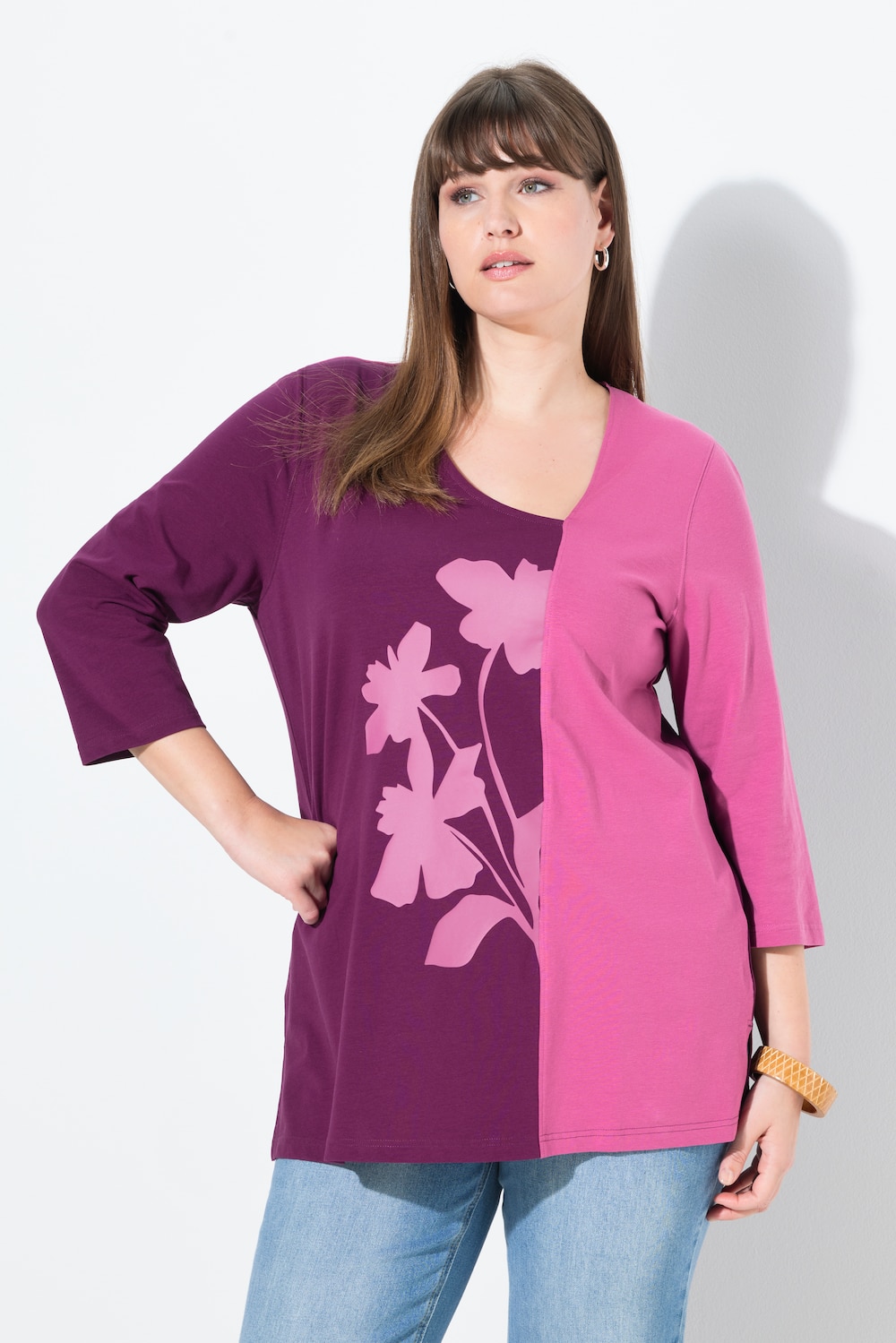 Shirt, Blüten, V-Ausschnitt, 3/4-Arm, Biobaumwolle