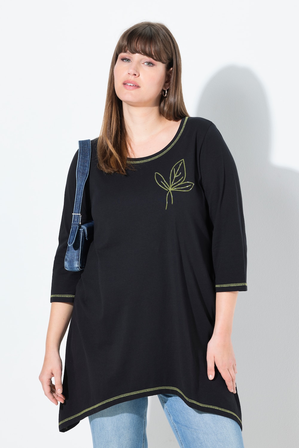 Shirt, Stickerei, A-Linie, Rundhals, 3/4-Arm, Biobaumwolle