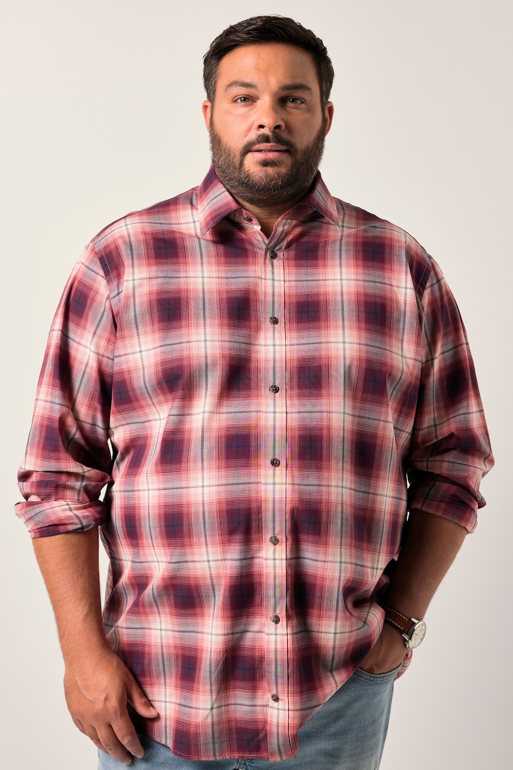 Men+ geruit overhemd, lange mouwen, kentkraag, comfortabele pasvorm, tot 8XL