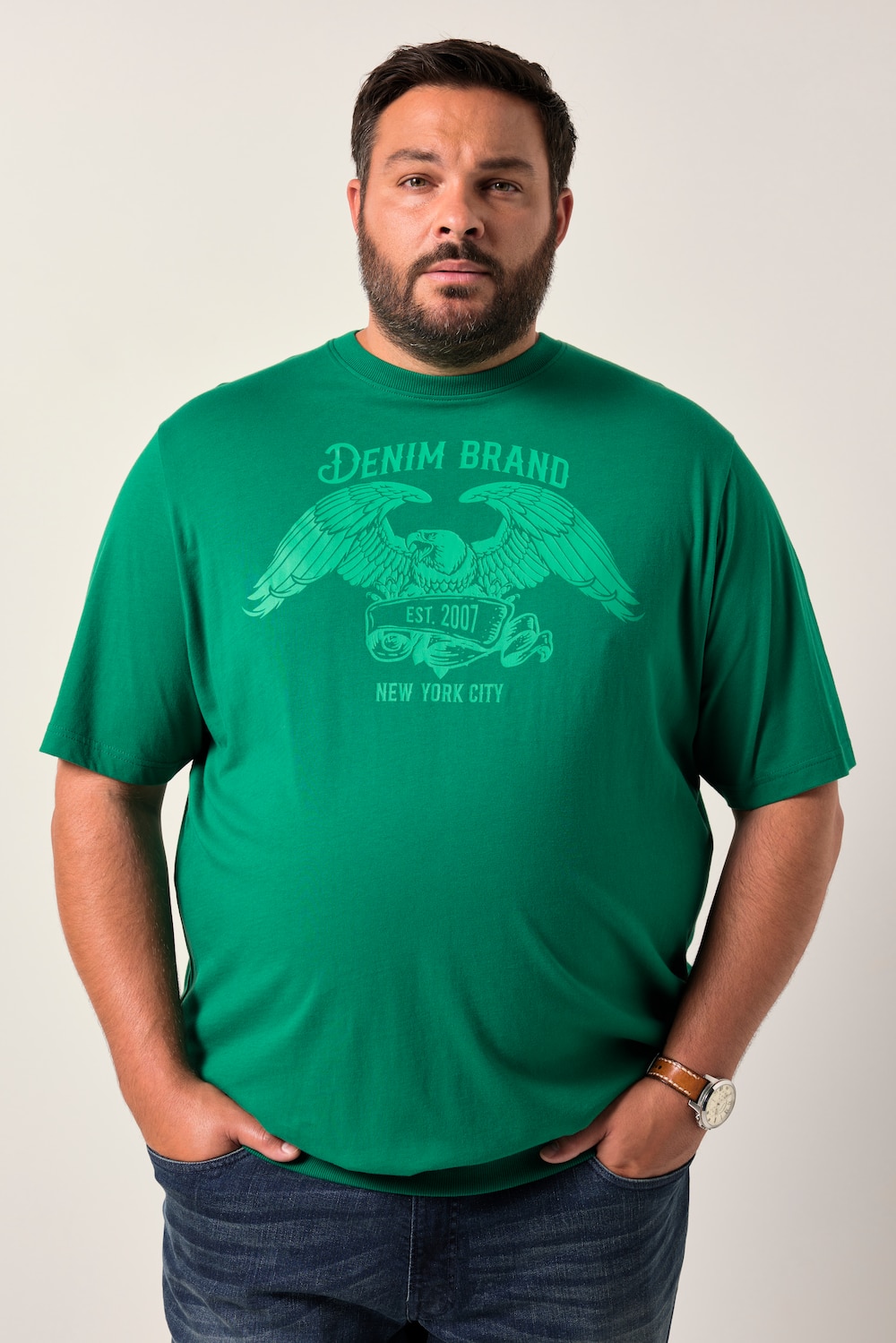 Men+ T-shirt Buik-Fit, korte mouwen, print op de borst, tot 8XL