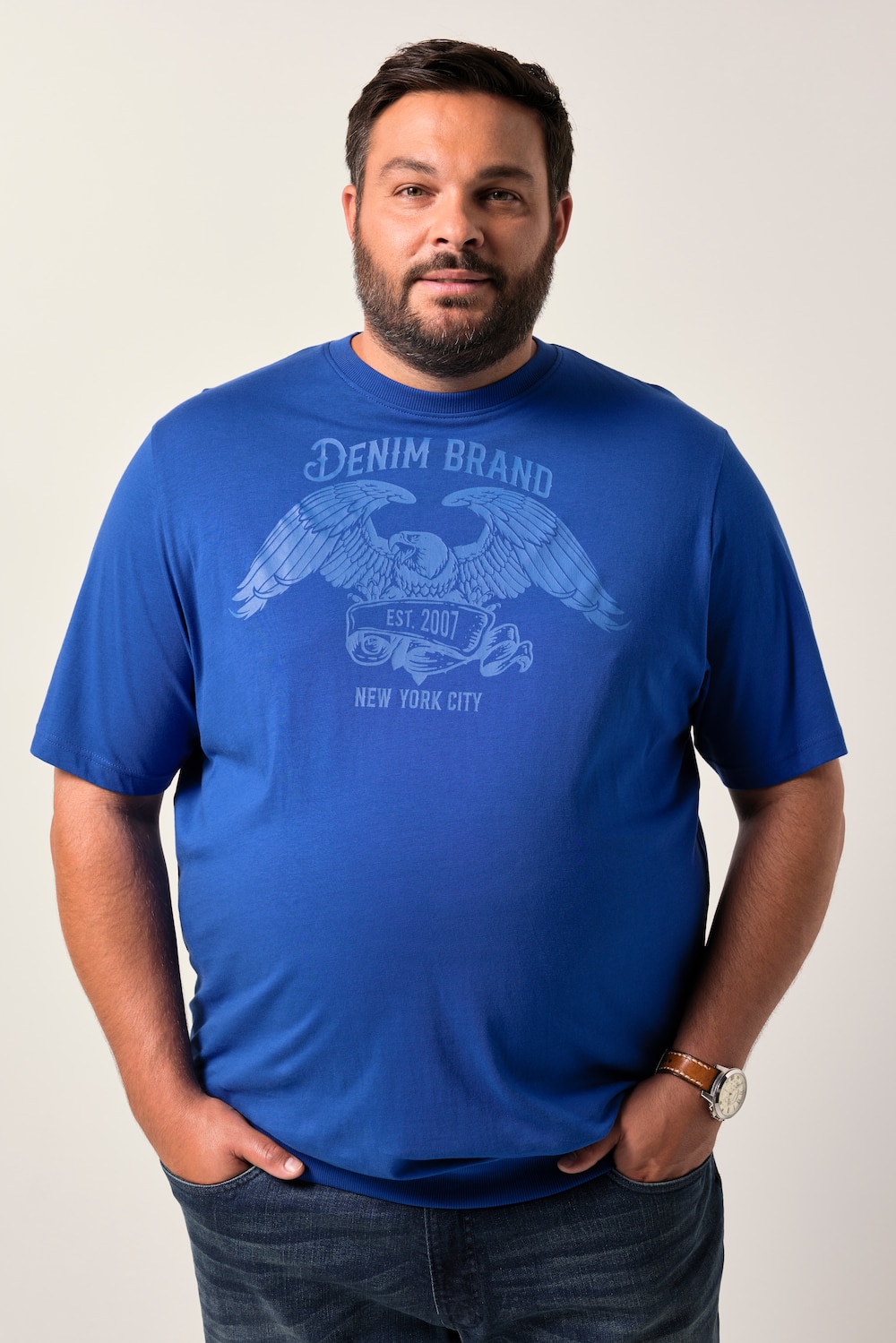 Men+ T-shirt Buik-Fit, korte mouwen, print op de borst, tot 8XL