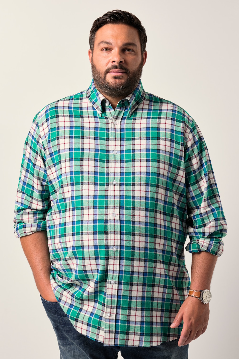 Men+ geruit flanellen overhemd, lange mouwen, buttondown-kraag, Comfort Fit, tot 8XL