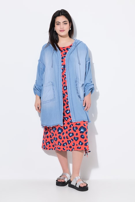Jacke, softe Jeansoptik, Kapuze, Rückenprint