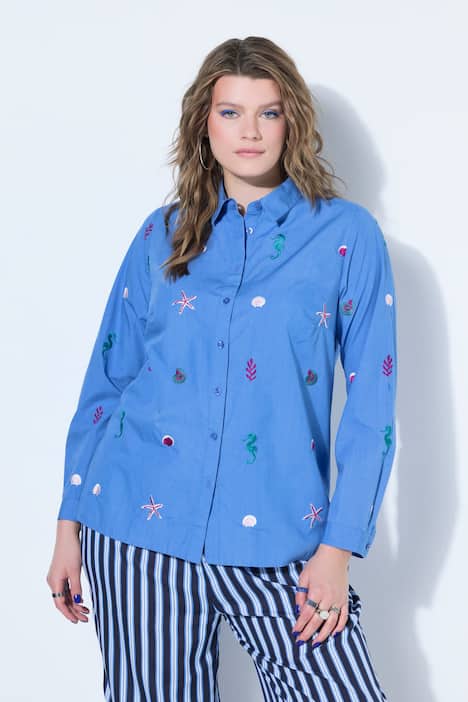 Overhemdblouse, boxy shape, borduursel met zeemotief