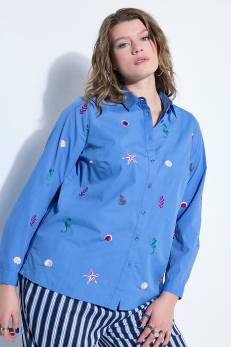 Overhemdblouse, boxy shape, borduursel met zeemotief