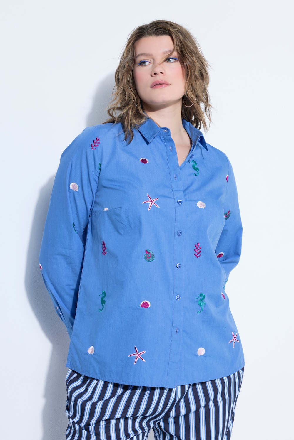 Hemdbluse, Boxy Shape, Meeres-Stickerei