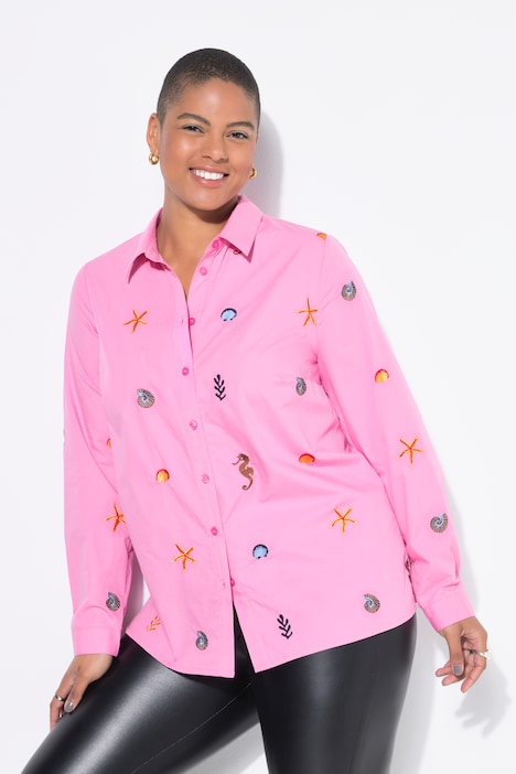 Hemdbluse, Boxy Shape, Meeres-Stickerei