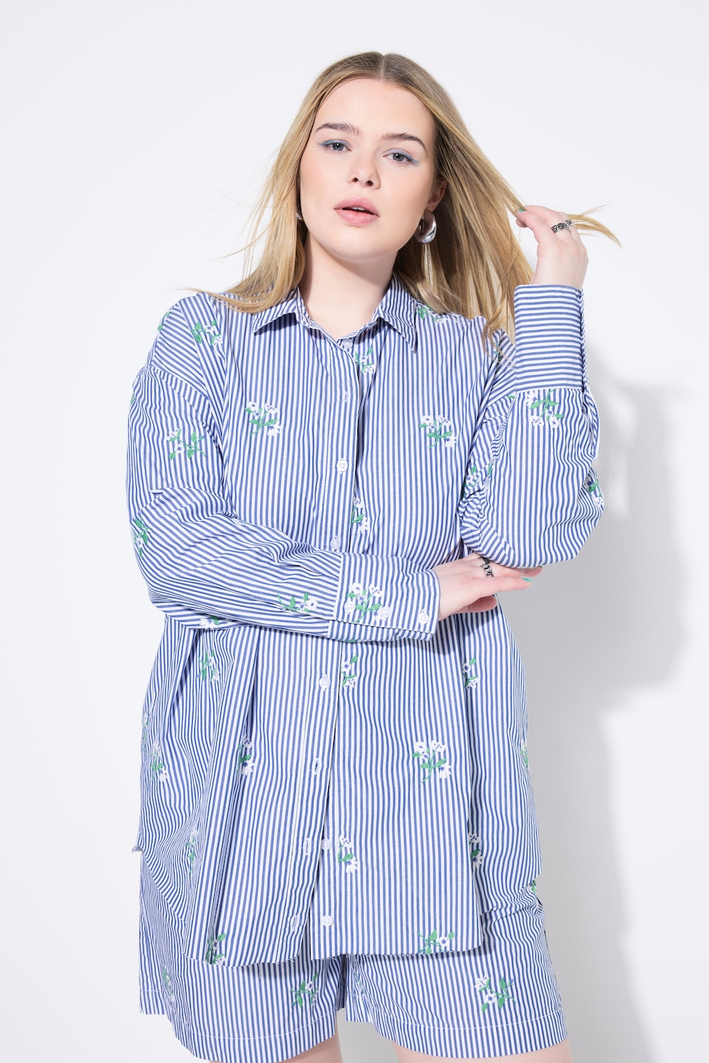 Overhemd, oversized, strepen, bloemborduursel