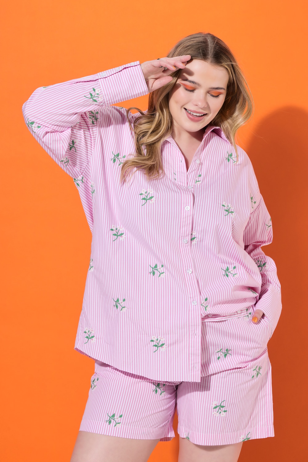 Overhemd, oversized, strepen, bloemborduursel