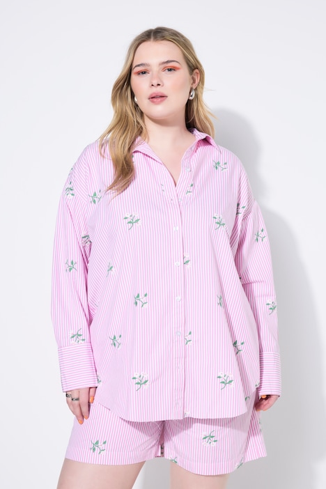 Hemd, oversized, Streifen, Flower-Stickerei
