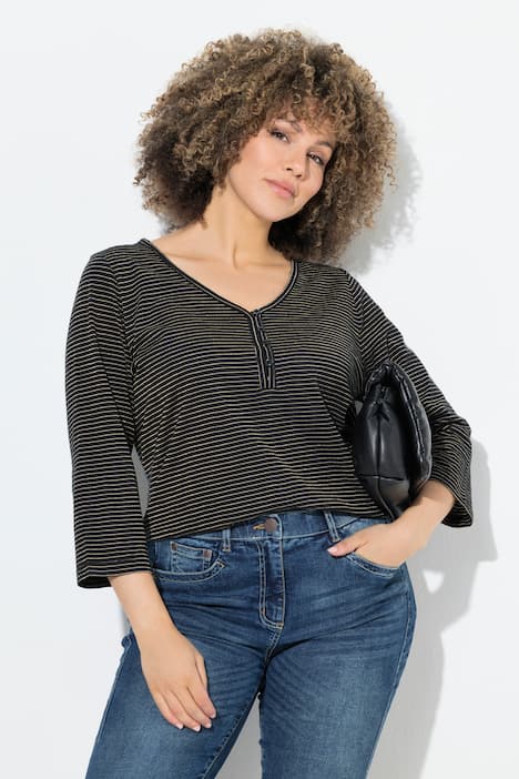 Shirt, Glitzerstreifen, V-Ausschnitt , 3/4-Arm