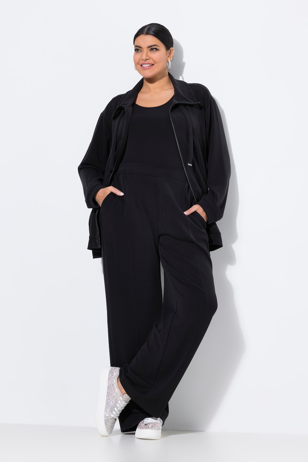 Sweatpants, wijde rechte pijp, biezen, elastische tailleband
