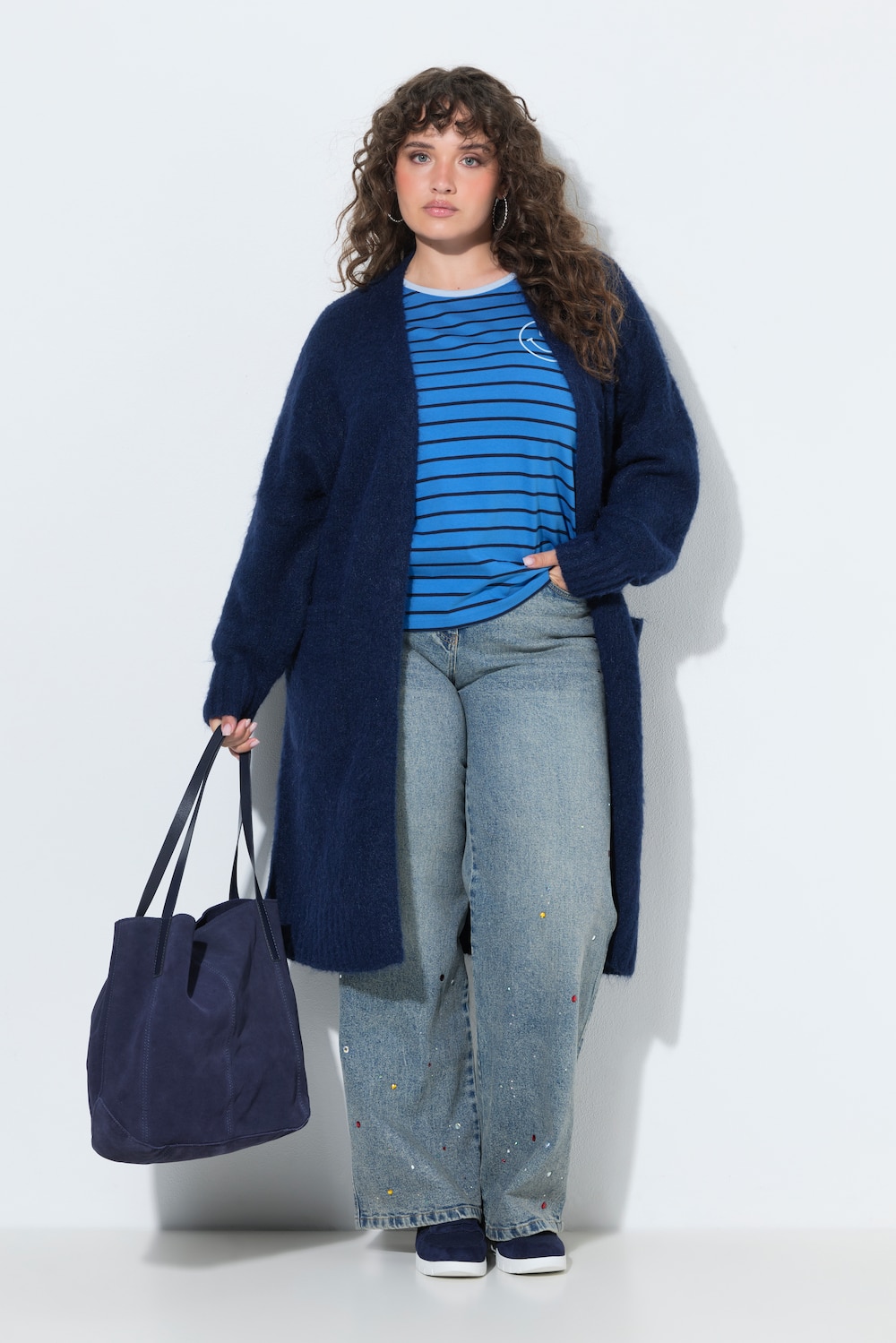 Long-Strickjacke, kuschelweich, offene Form, Langarm