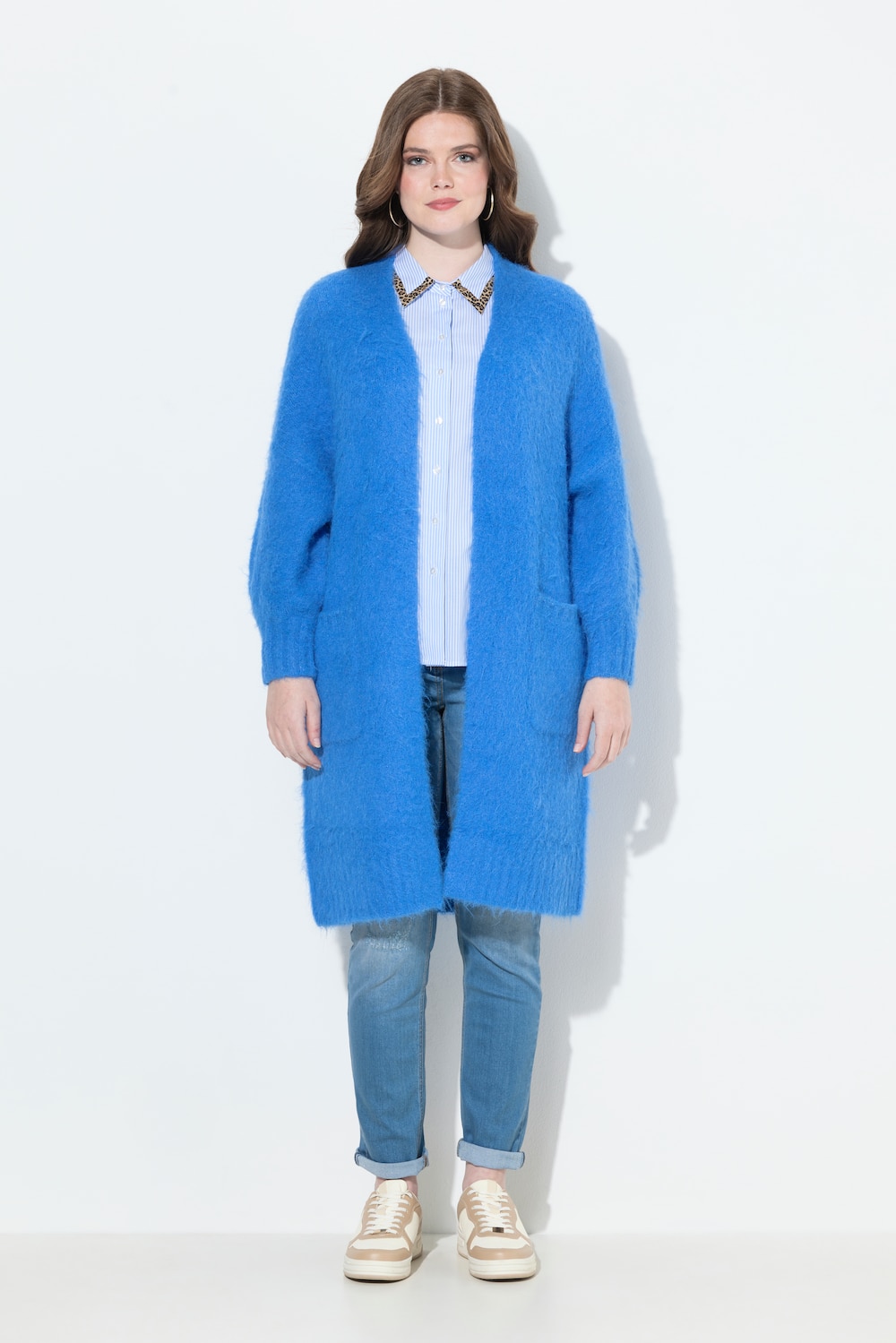 Große Größen Long-Strickjacke, Damen, blau, Größe: 42/44, Polyester/Synthetische Fasern, Ulla Popken