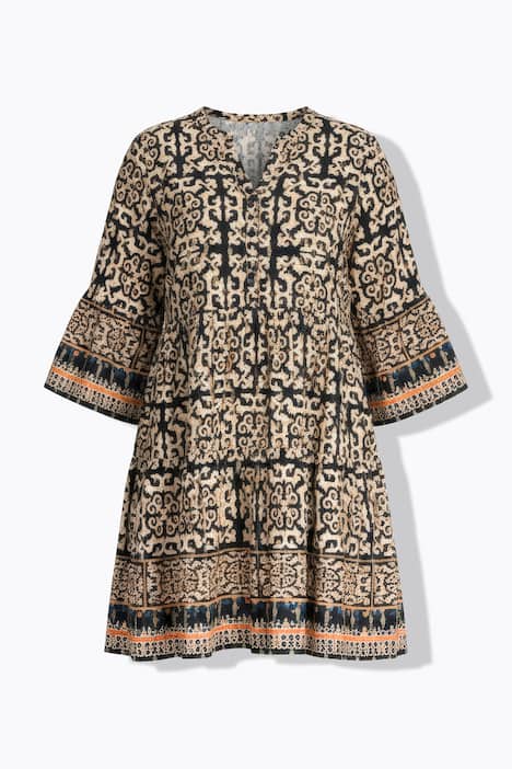 Tunique longue coupe évasée, manches avec volants et imprimé all-over