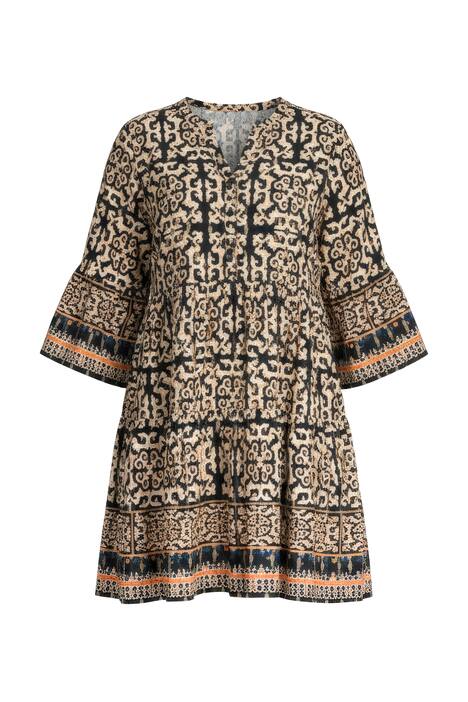 Dlouhá tunika, A střih, plošný vzor, volánové rukávy