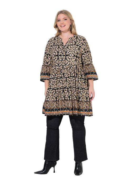 Dlouhá tunika, A střih, plošný vzor, volánové rukávy