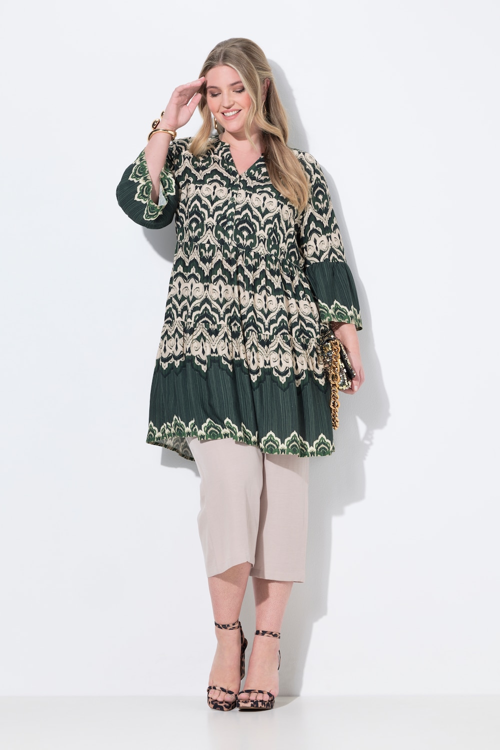 Lange tuniek, A-lijn, all-over print, volantmouwen