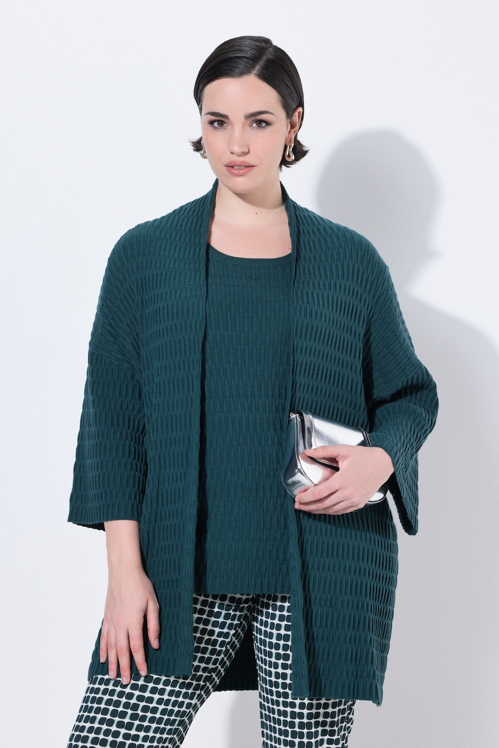 Vest, structuurbreisel, oversized, V-hals, 3/4-mouw