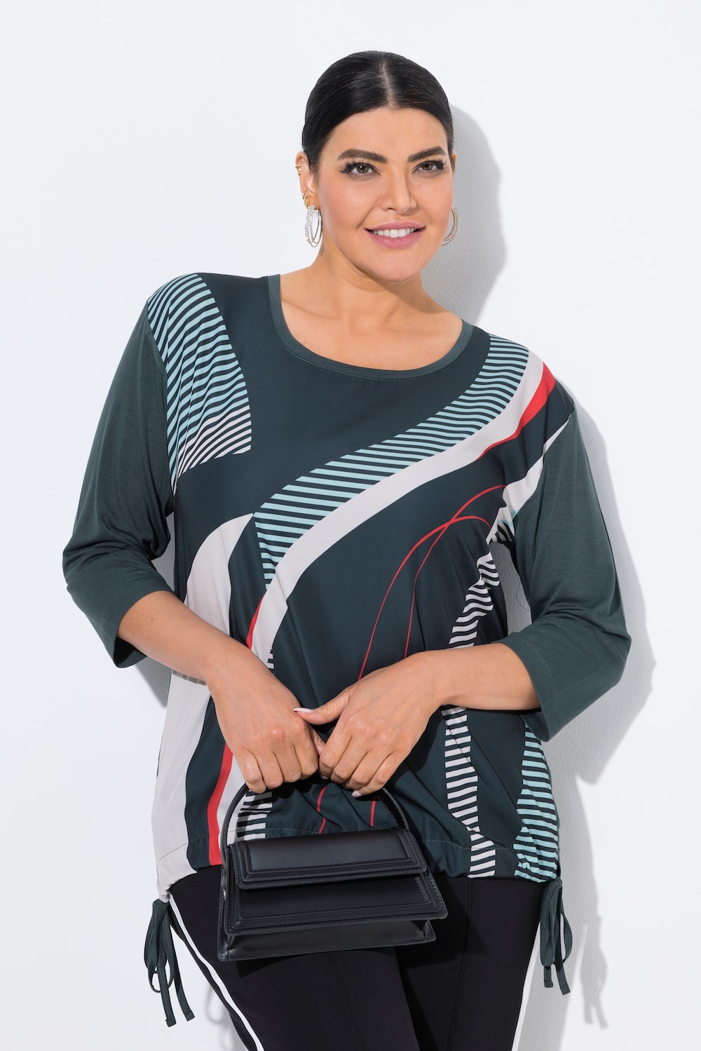 Shirt med striberd, oversize, rund hals, 3/4 ærme, kantbånd