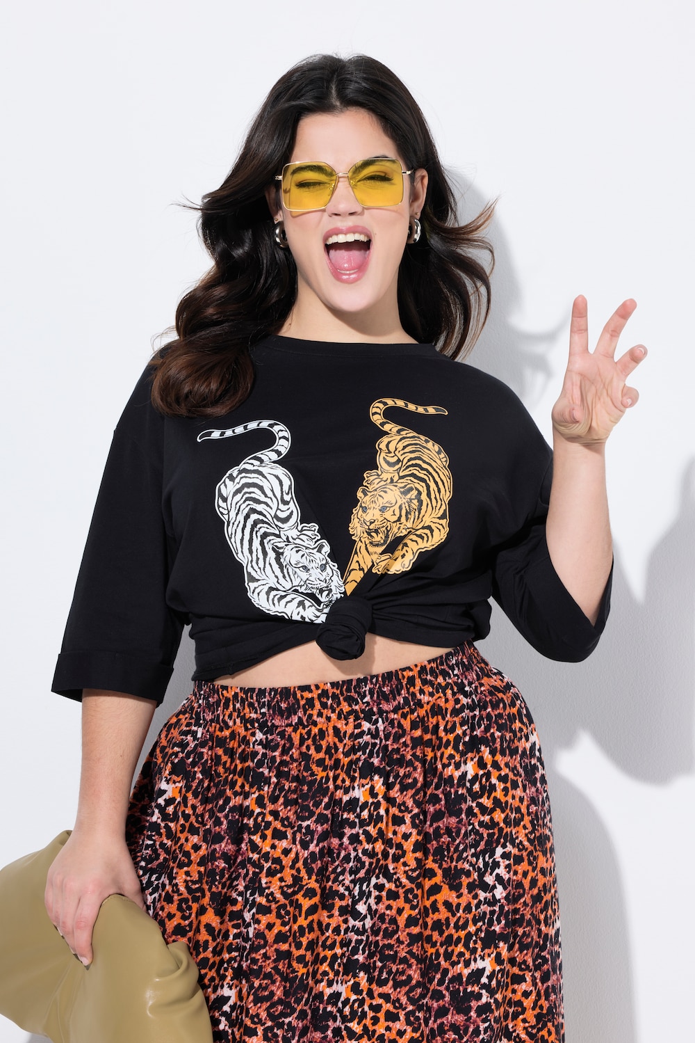 T-shirt, boxy fit, tijger, 3/4-mouw