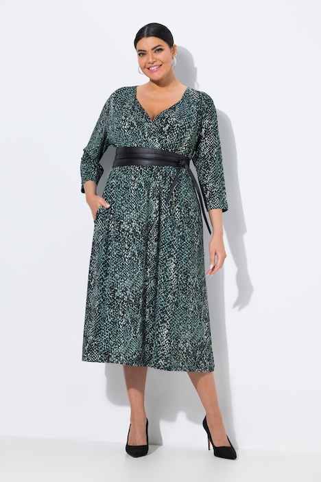 Jerseykleid, Schlangenmuster, V-Ausschnitt, 3/4-Arm