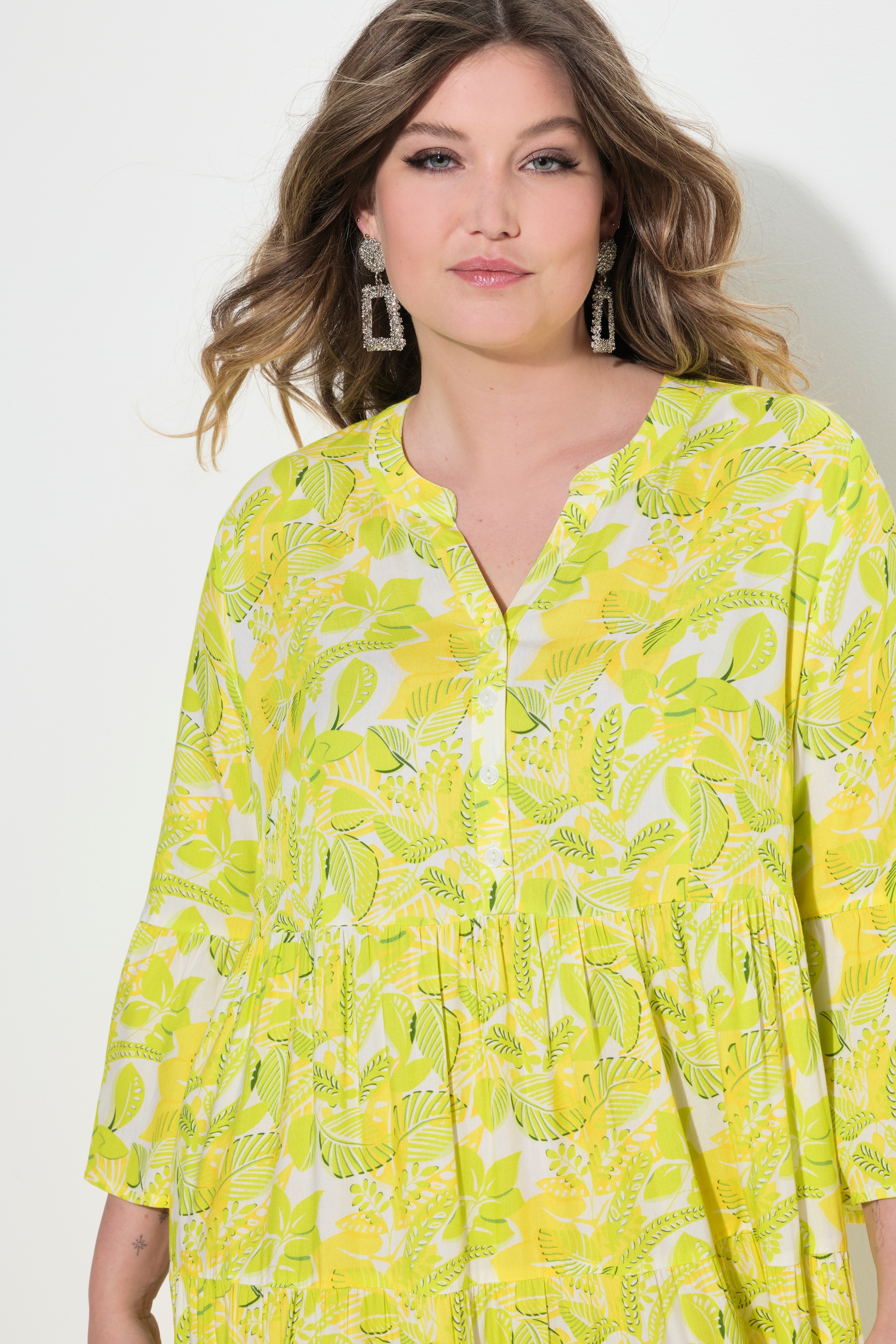 MIAMODA Damen große Größen Kleid A Linie Blätter Muster Volants 841858