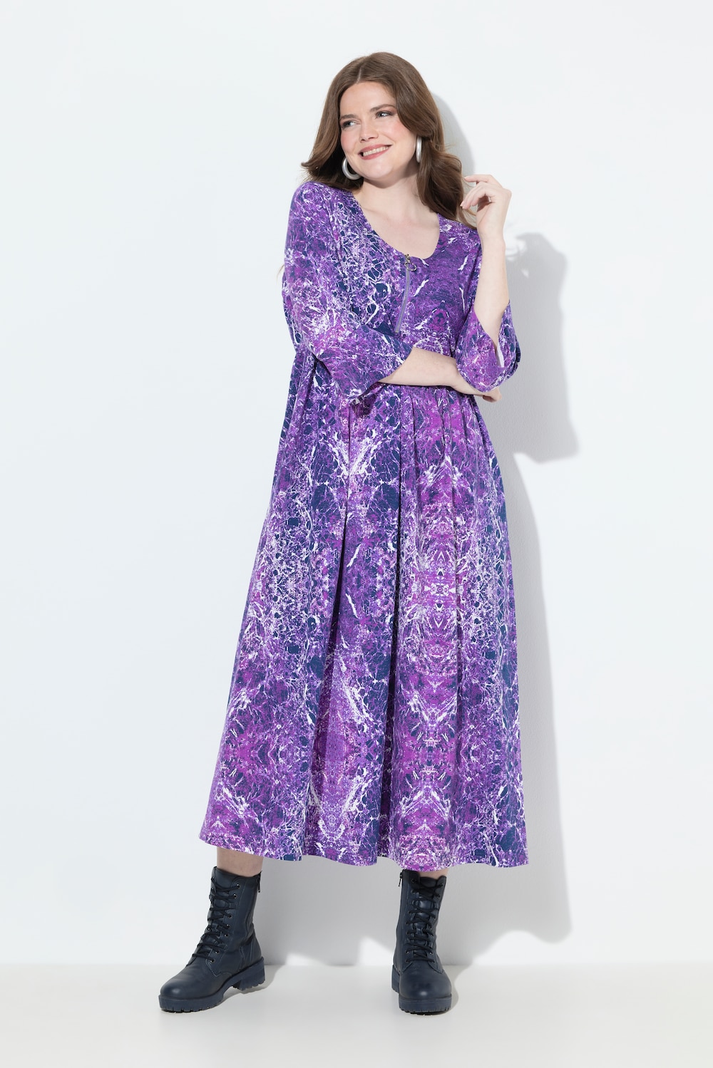 Midikleid, Marmordruck, A-Linie, Rundhals, 3/4-Arm