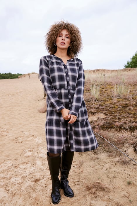 Kleid, Karo, A-Linie, Tunika-Ausschnitt, Langarm