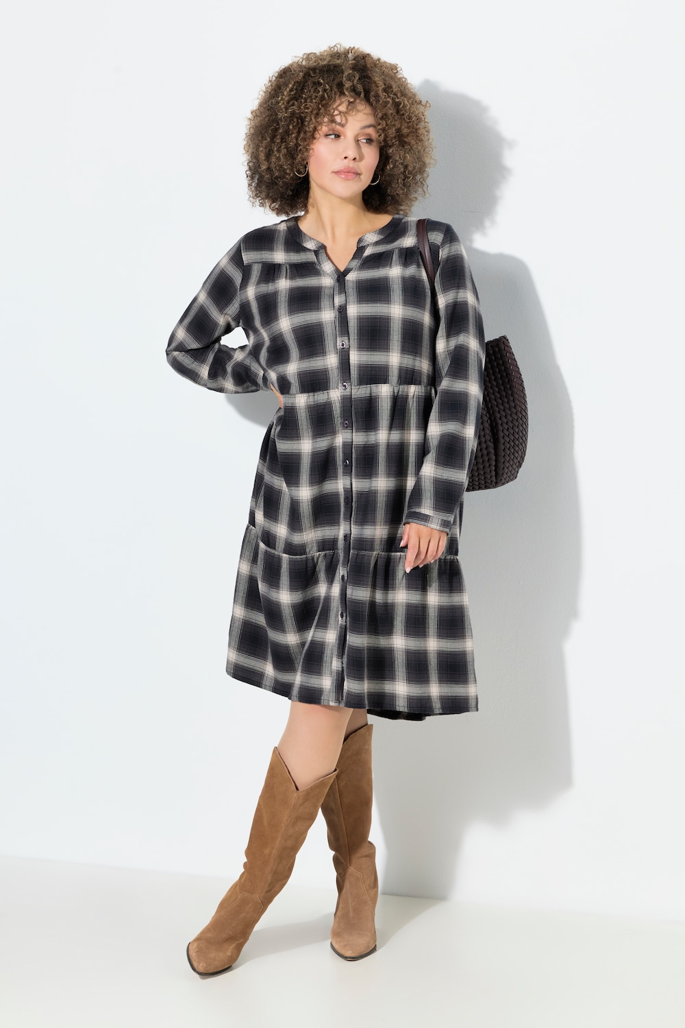 Kleid, Karo, A-Linie, Tunika-Ausschnitt, Langarm