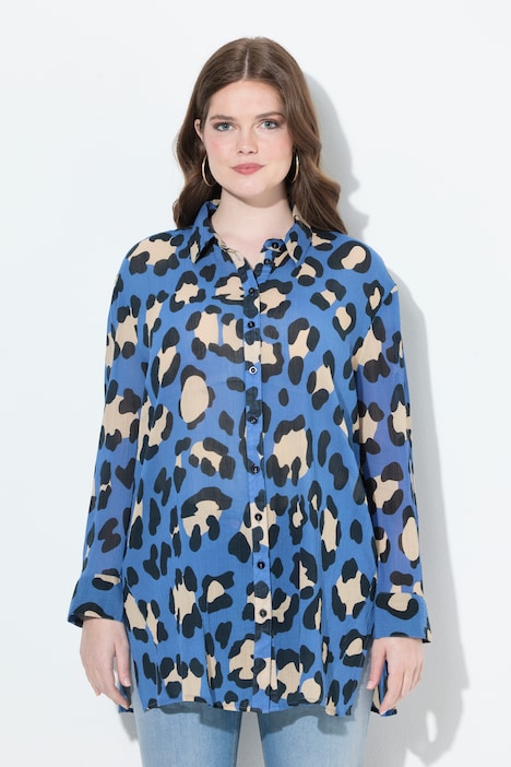 Chemisier motif léopard, coupe évasée, manches longues et col chemise