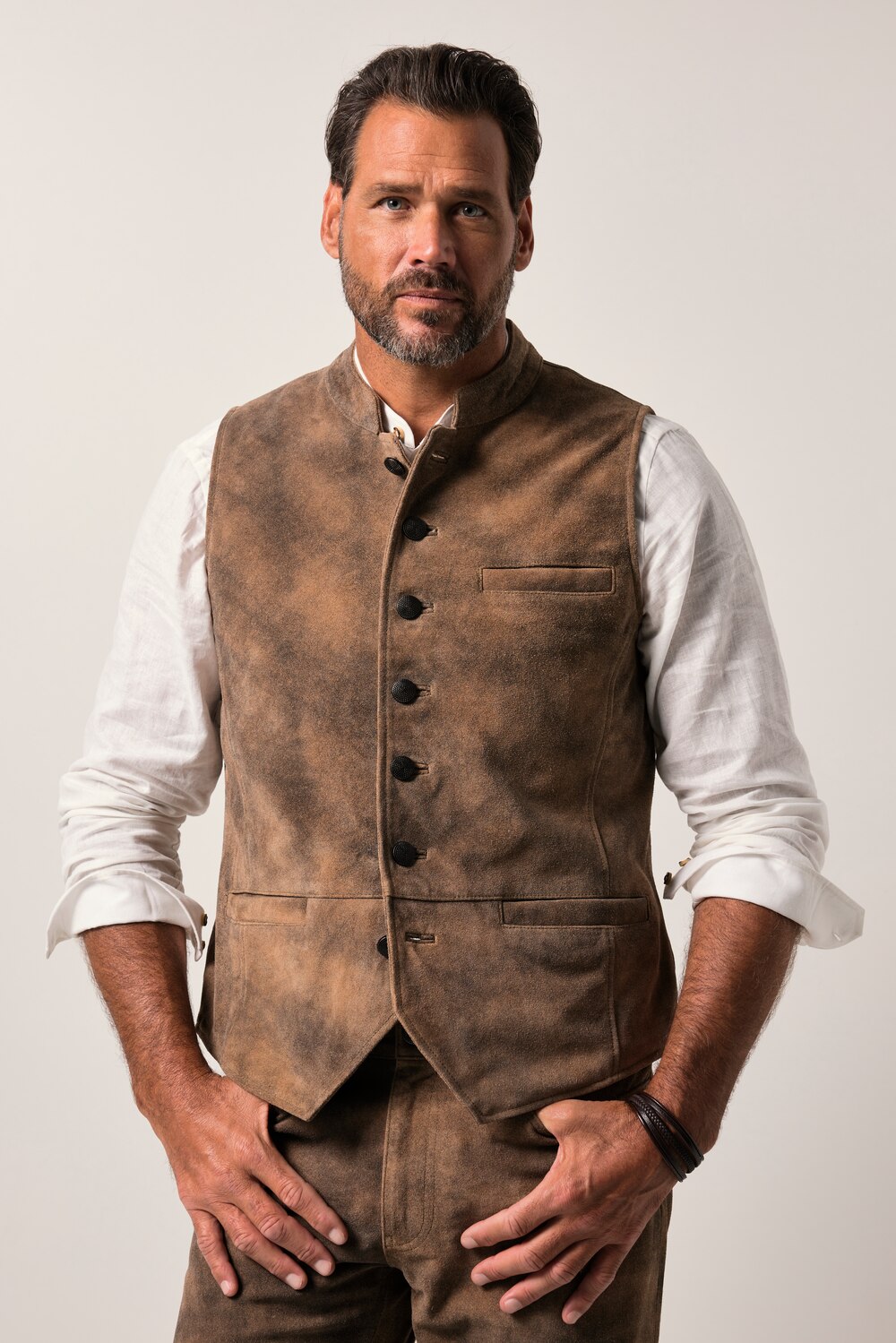 Stora storlekar Skinnväst, Her, brun, storlek: 66, Läder/Polyester/Bomull, JP1880
