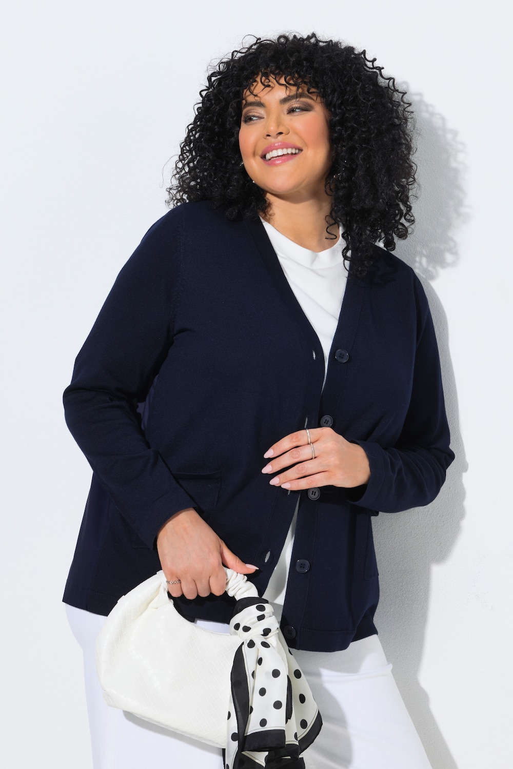 Strickjacke, Popeline-Einsatz, V-Ausschnitt, Langarm