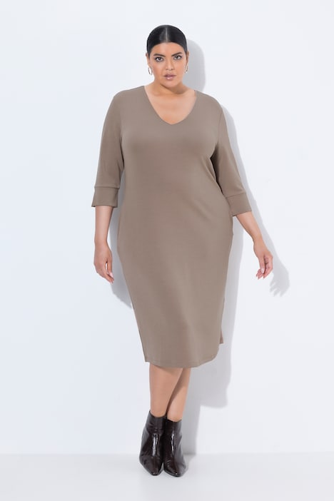 Robe en molleton, modal mélangé, décolleté en V et manches 3/4