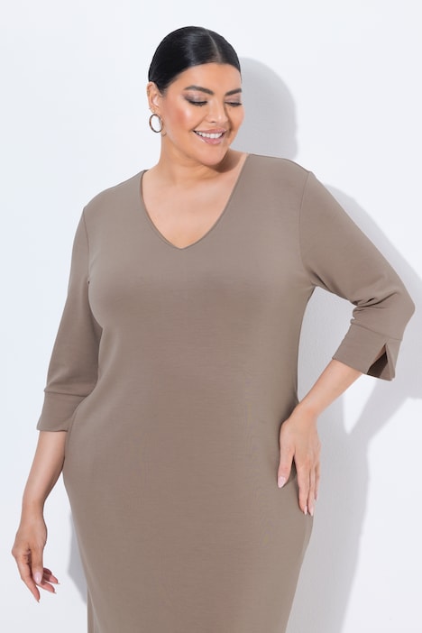 Robe en molleton, modal mélangé, décolleté en V et manches 3/4