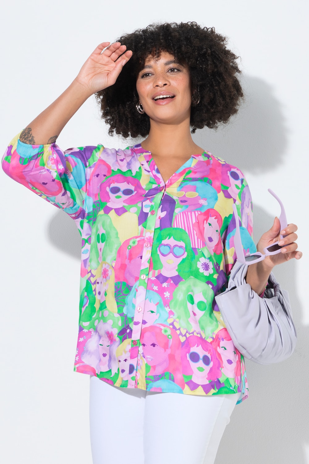 Bluse, A-Linie, Gesichter-Muster