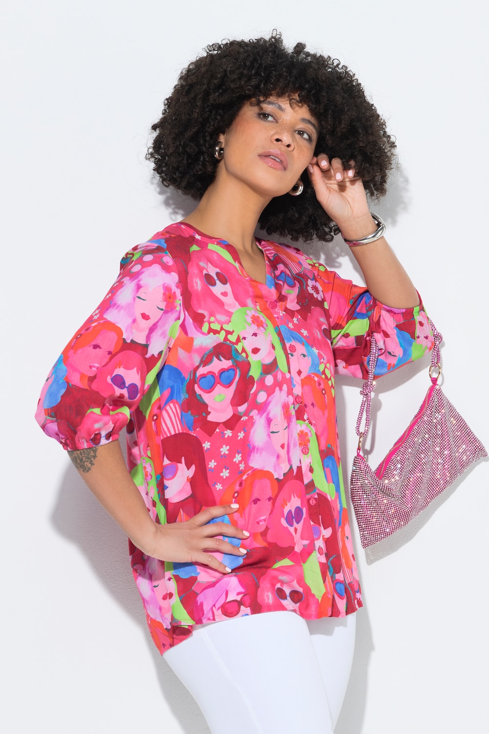 Bluse, A-Linie, Gesichter-Muster