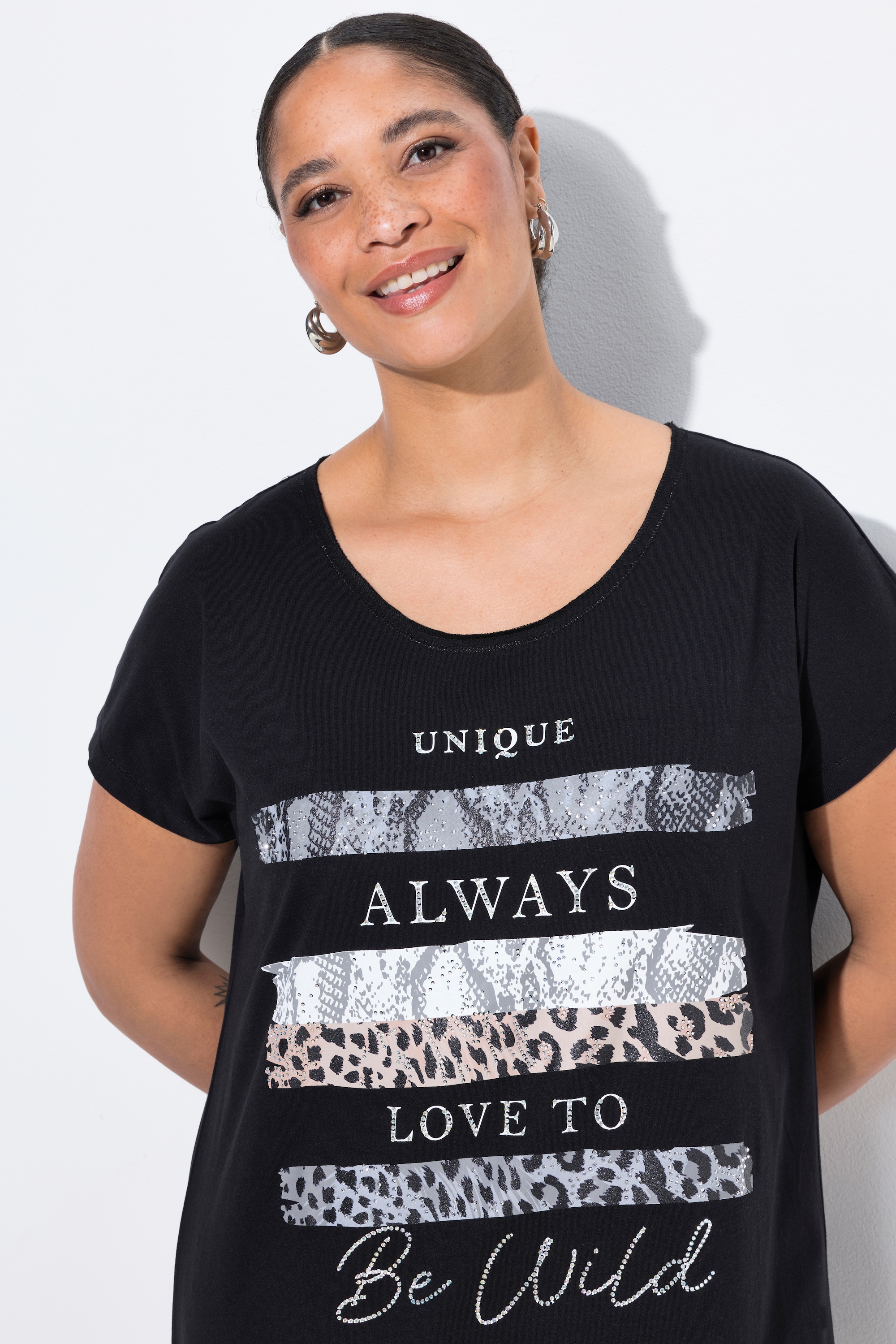 MIAMODA Damen große Größen T Shirt Streifen Schriftzug Glitzersteinchen 841959