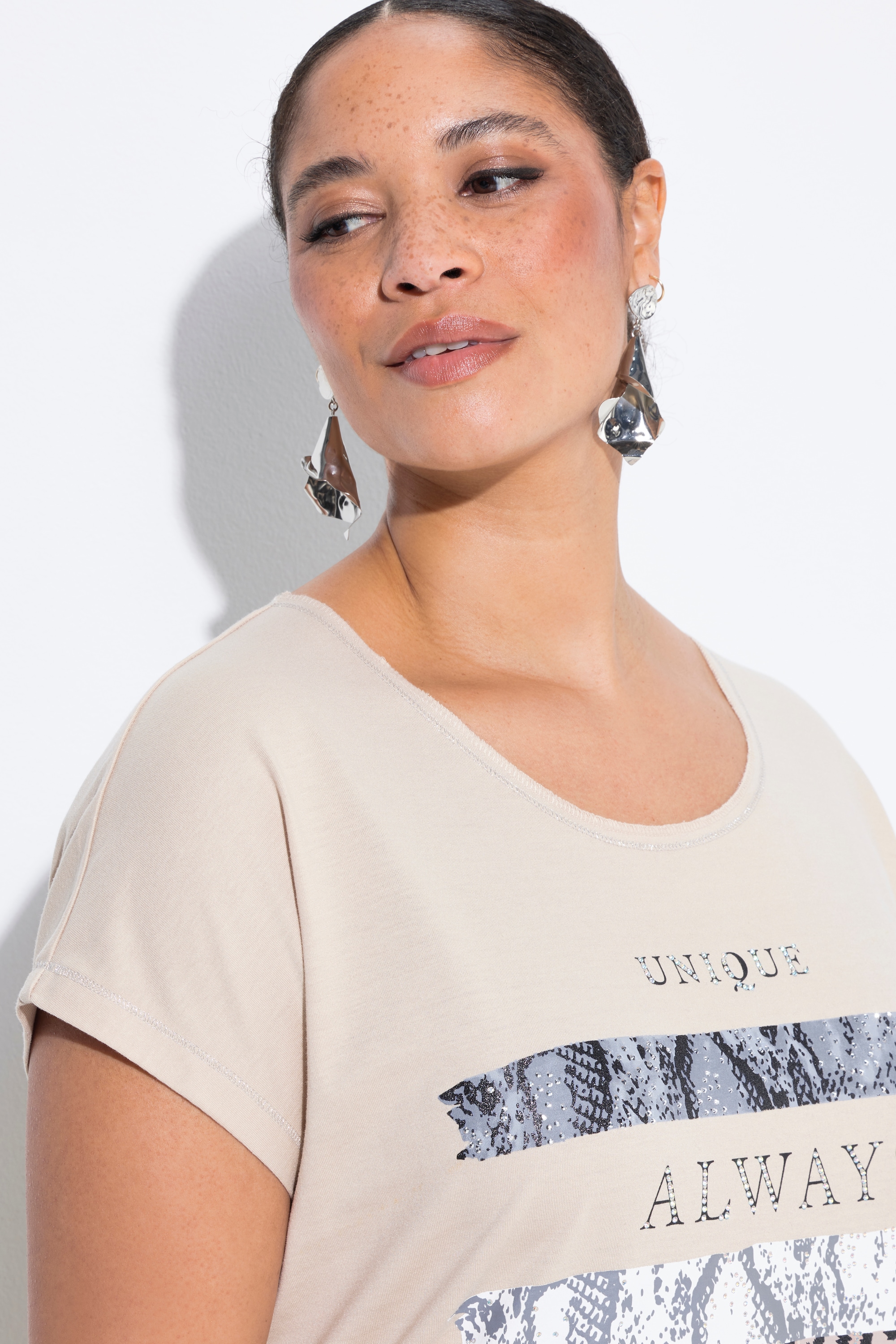 MIAMODA Damen große Größen T Shirt Streifen Schriftzug Glitzersteinchen 841959