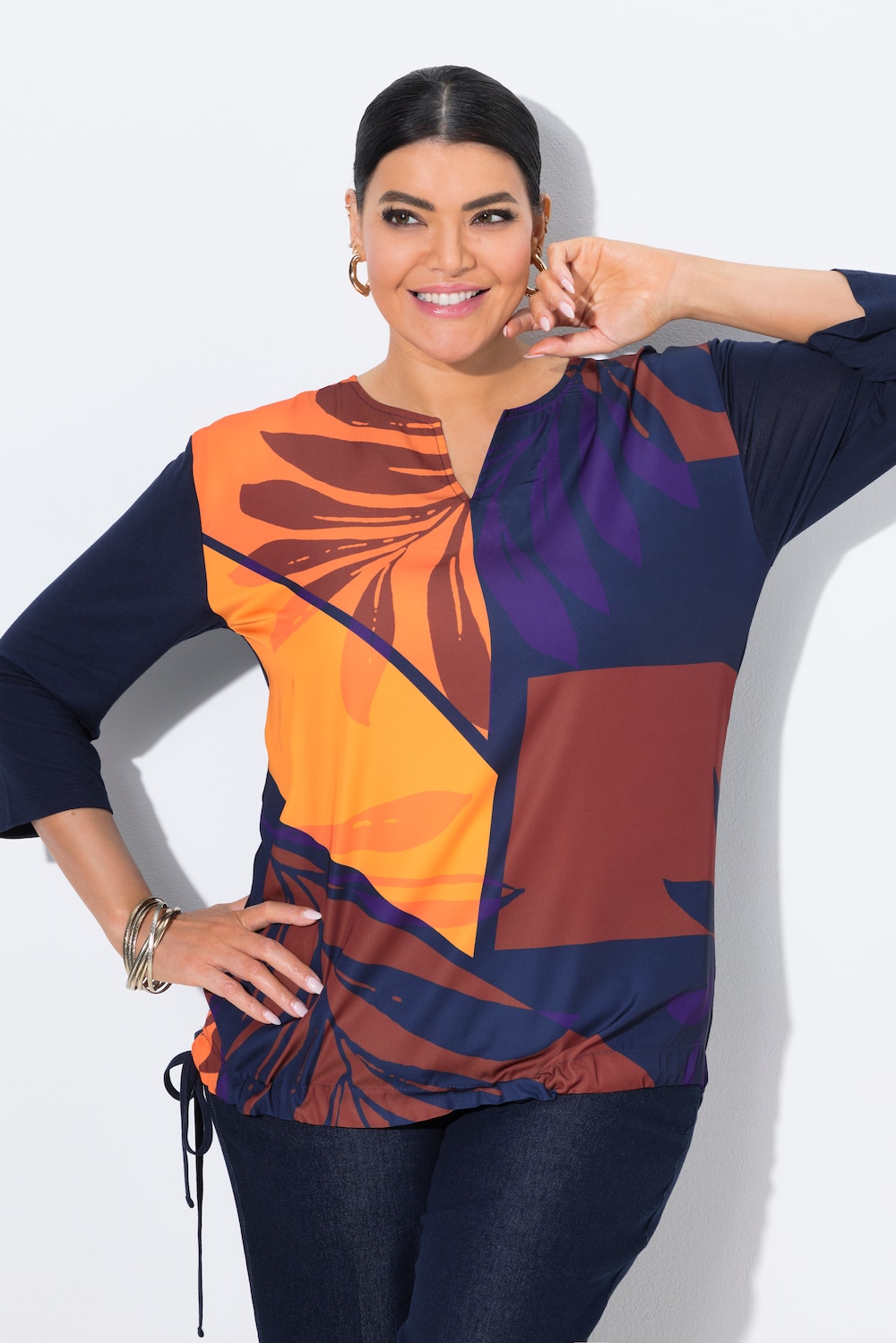 Shirt, bladeren, oversized, tuniekhals, 3/4-mouw