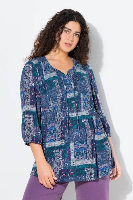 Gesmokte blouse, patchlook, A-lijn, ronde hals, 3/4-mouwen