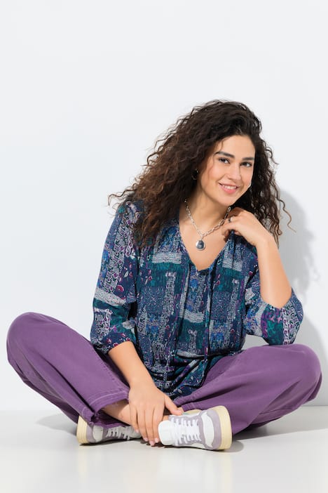 Gesmokte blouse, patchlook, A-lijn, ronde hals, 3/4-mouwen