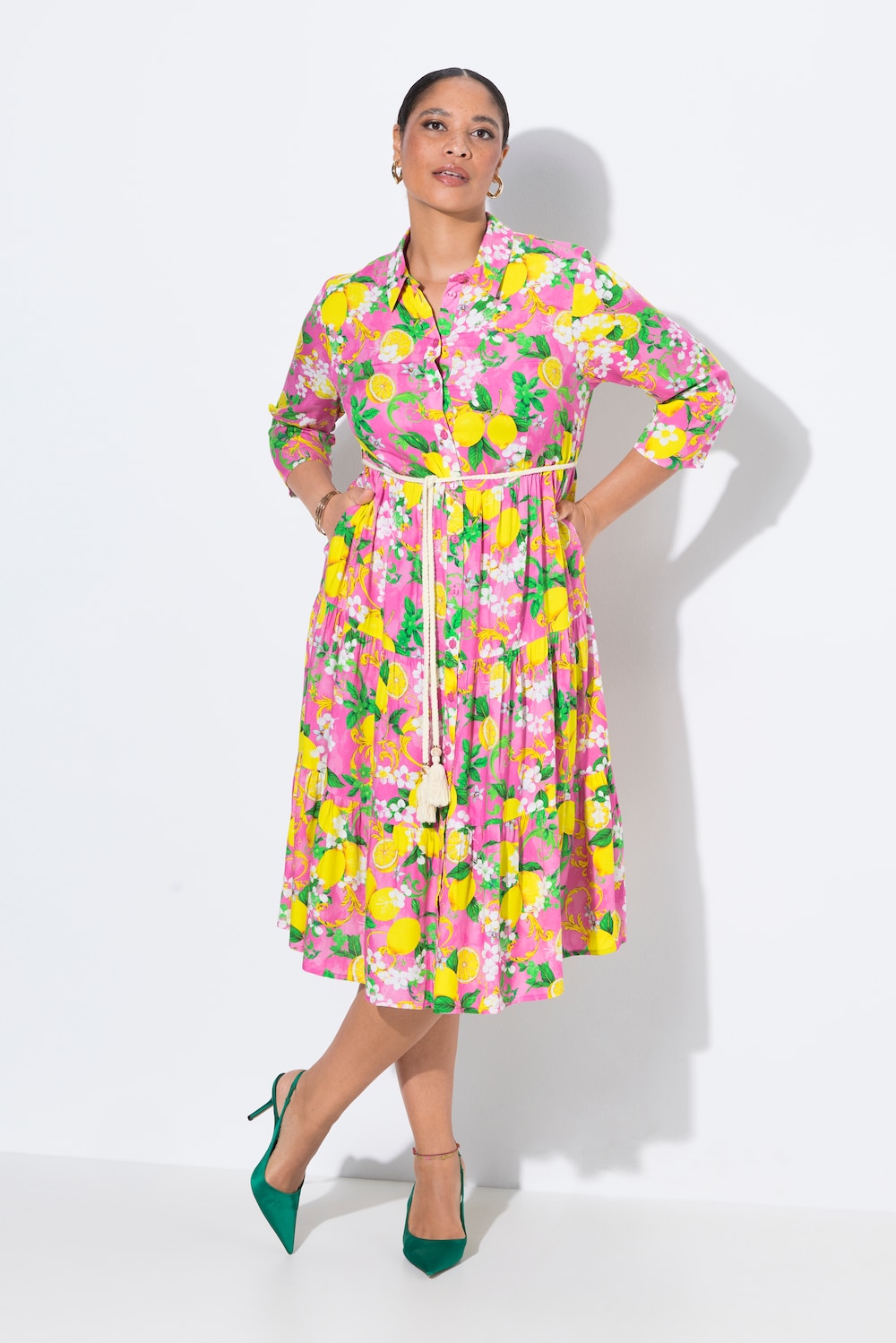 Blusenkleid, A-Linie, Midilänge, Zitronen-Muster