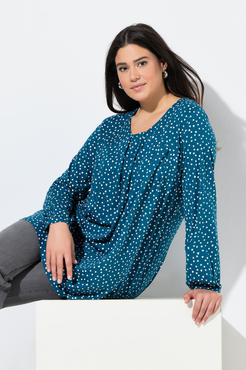 Shirt, sierplooien, A-lijn, carrÃ©hals, lange mouwen