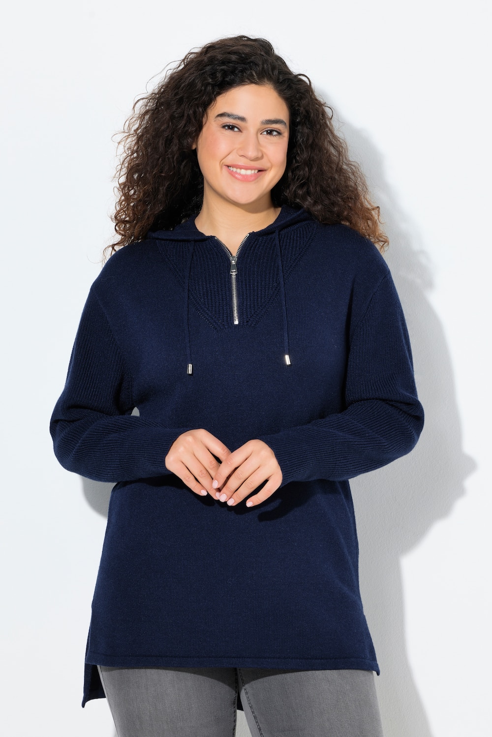 Große Größen Strick-Hoodie, Damen, blau, Größe: 54/56, Viskose/Polyester/Synthetische Fasern, Ulla Popken