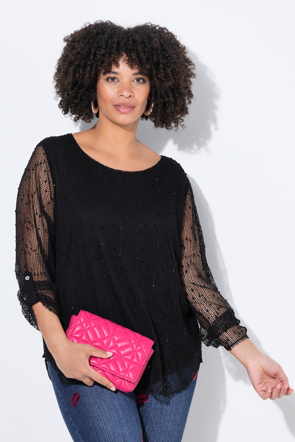 Bluse, Regular Fit, doppellagig, Netz mit Pailletten