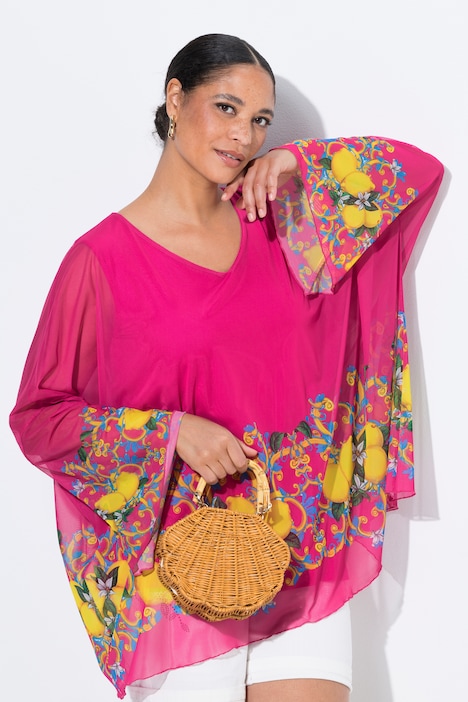 Meshbluse, oversized, Zitronen-Bordüre