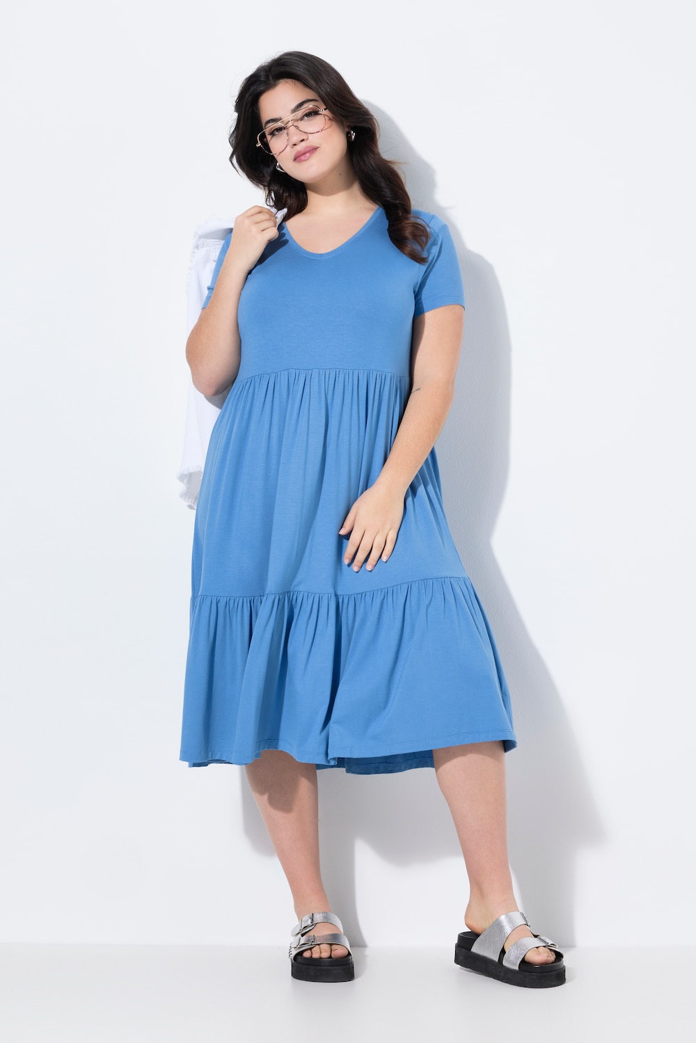 Jerseykleid, V-Ausschnitt, Volants