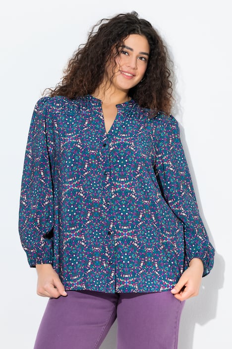 Bluse, Zierpasse, A-Linie, Tunika-Ausschnitt, Langarm