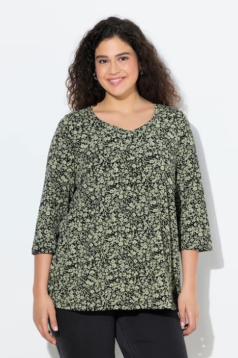 Shirt, Blüten, Zierfalten, A-Linie, V-Ausschnitt, 3/4-Arm
